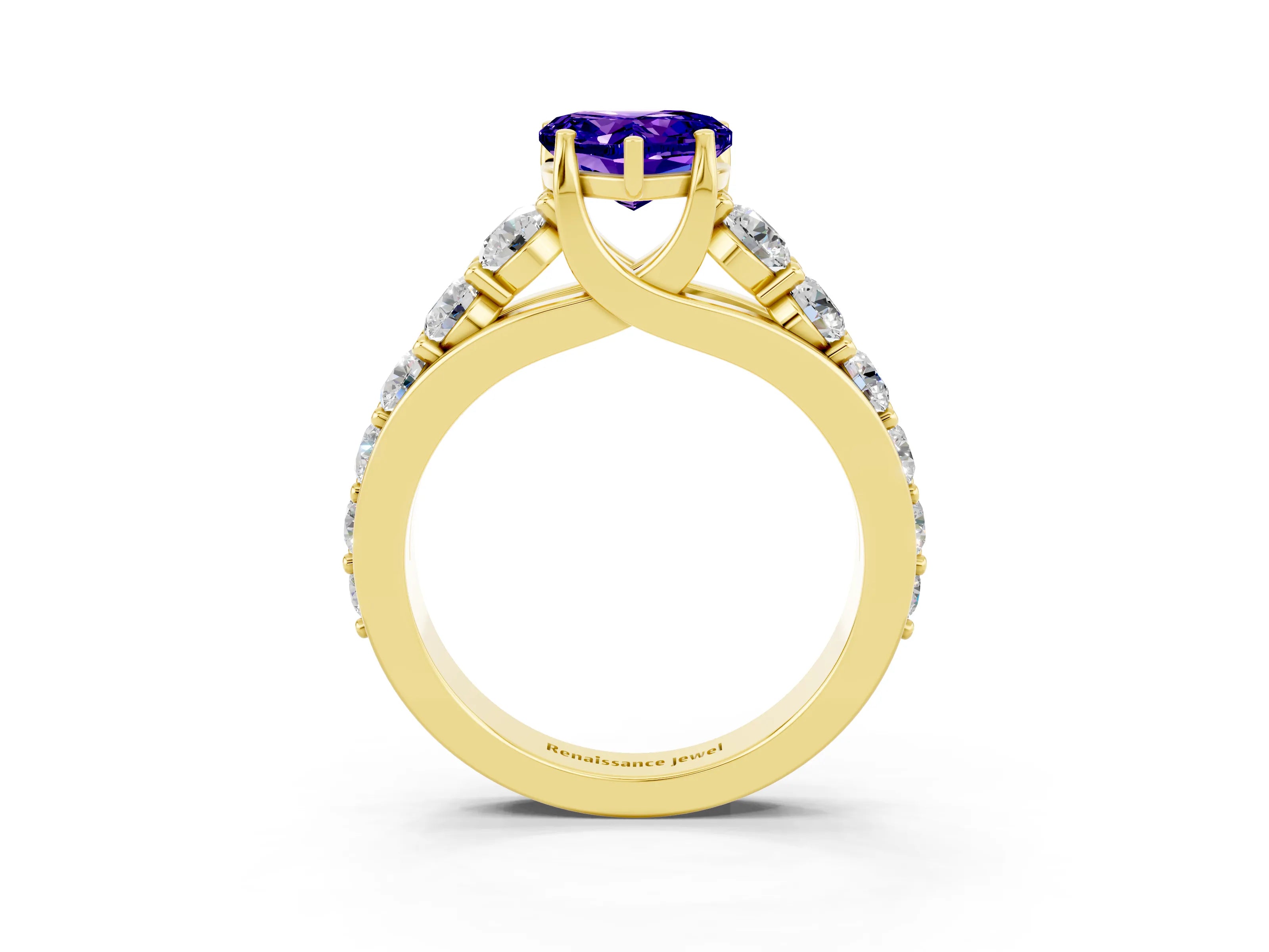 Yellow gold Heart Cut Tanzanite Engagement Ring with Pavé Band and Four-Prong Setting_3