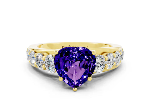 Yellow gold Heart Cut Tanzanite Engagement Ring with Pavé Band and Four-Prong Setting