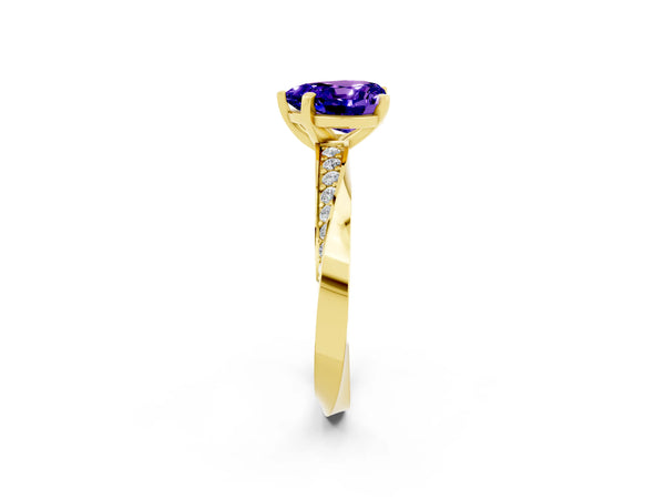 Yellow gold Heart Cut Tanzanite Engagement Ring with Side Stone Accents and Four-Prong Setting
