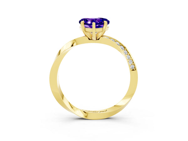 Yellow gold Heart Cut Tanzanite Engagement Ring with Side Stone Accents and Four-Prong Setting