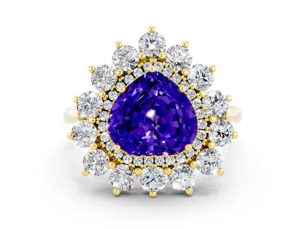Yellow gold Heart Cut Tanzanite Floral Double Halo Engagement Ring with Prong Setting
