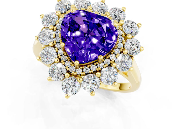 Yellow gold Heart Cut Tanzanite Floral Double Halo Engagement Ring with Prong Setting