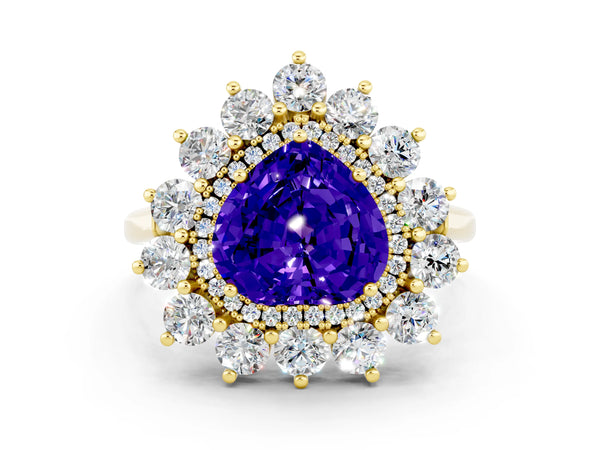 Yellow gold Heart Cut Tanzanite Floral Double Halo Engagement Ring with Prong Setting