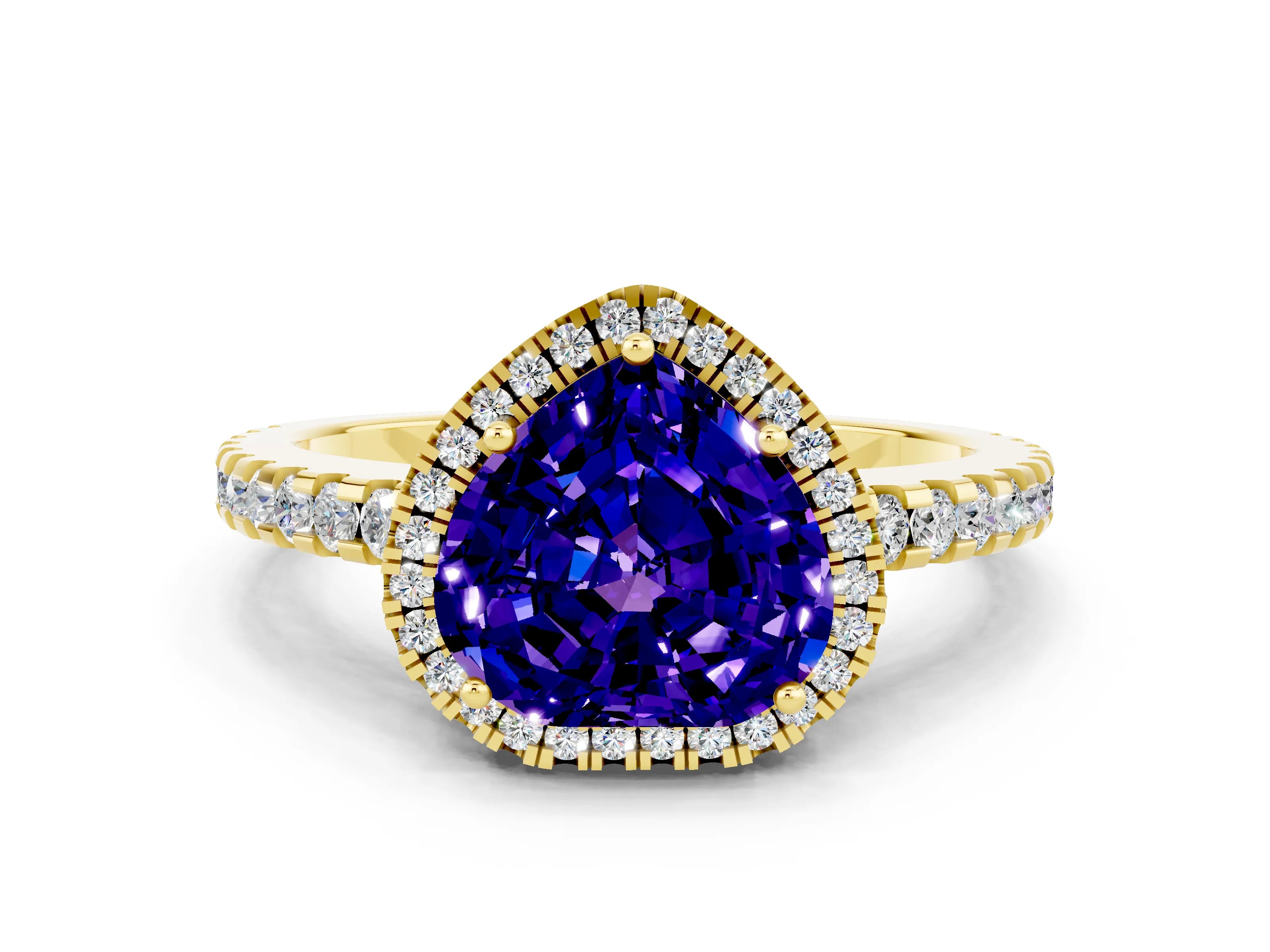 Yellow gold Heart Cut Tanzanite Halo Engagement Ring with Pavé Band and Prong Setting_12