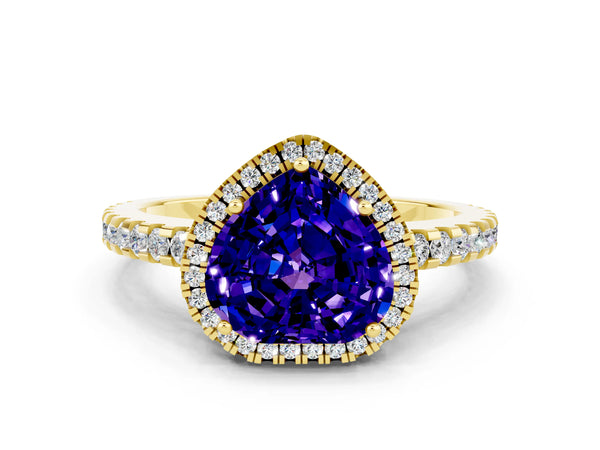 Yellow gold Heart Cut Tanzanite Halo Engagement Ring with Pavé Band and Prong Setting
