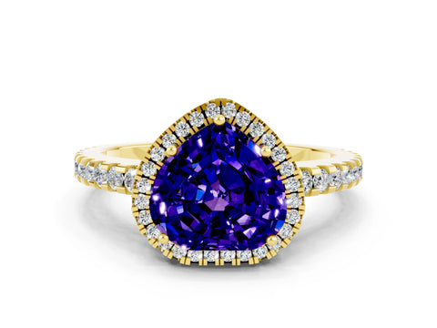 Yellow gold Heart Cut Tanzanite Halo Engagement Ring with Pavé Band and Prong Setting_12
