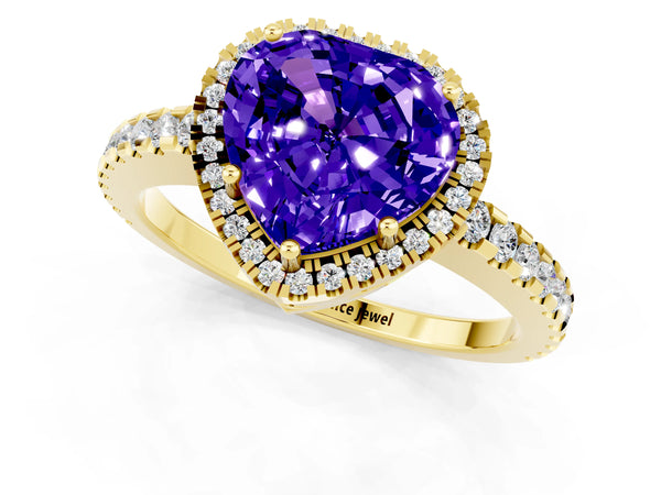 Yellow gold Heart Cut Tanzanite Halo Engagement Ring with Pavé Band and Prong Setting