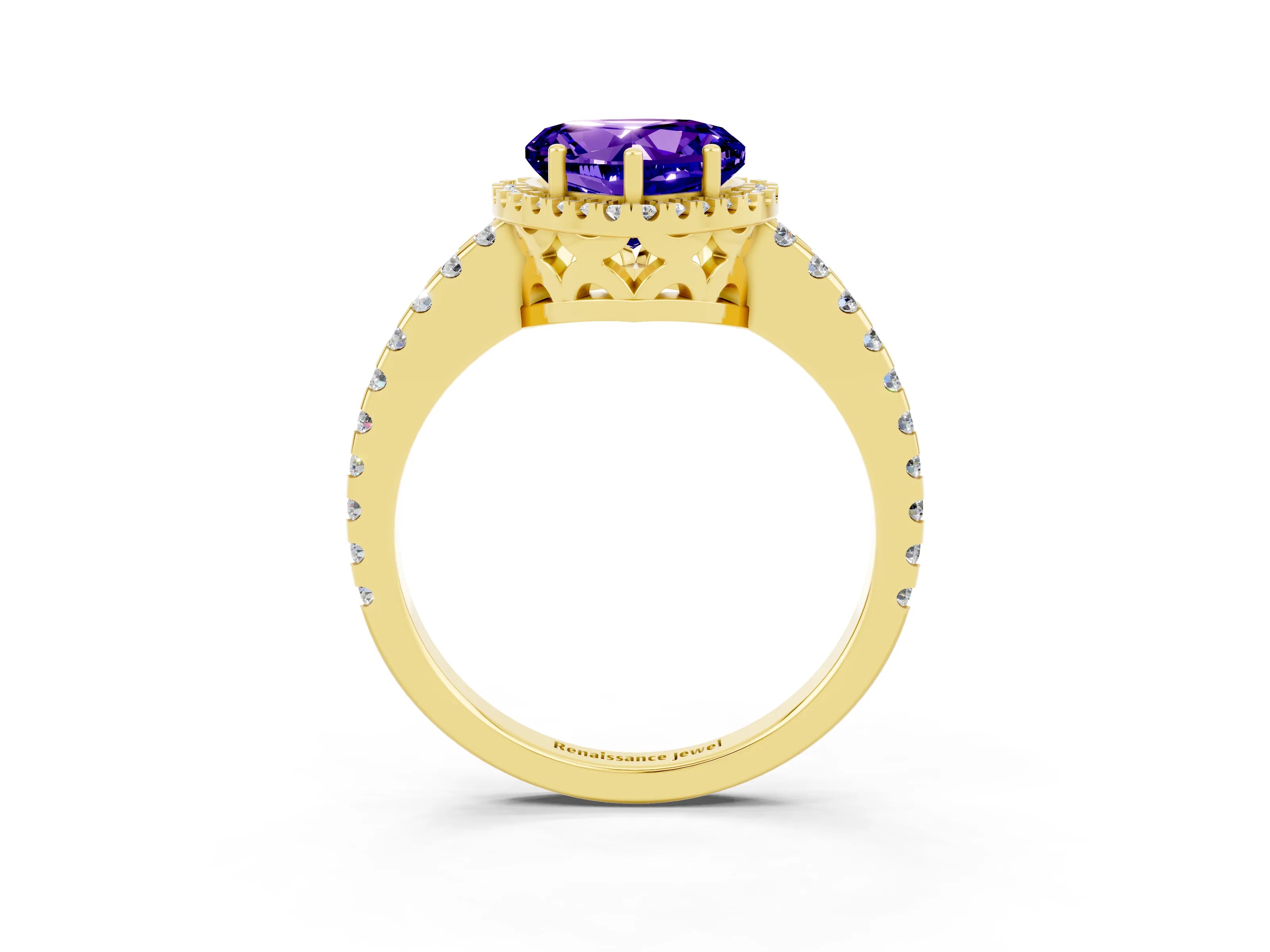Yellow gold Heart Cut Tanzanite Halo Engagement Ring with Pavé Band and Prong Setting_15