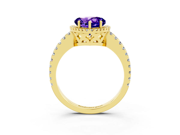 Yellow gold Heart Cut Tanzanite Halo Engagement Ring with Pavé Band and Prong Setting