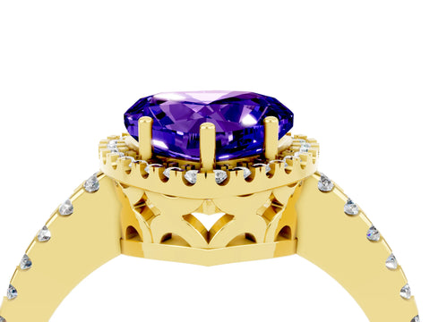 Yellow gold Heart Cut Tanzanite Halo Engagement Ring with Pavé Band and Prong Setting_16