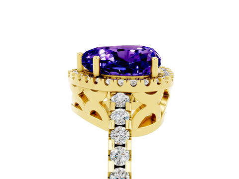 Yellow gold Heart Cut Tanzanite Halo Engagement Ring with Pavé Band and Prong Setting_17