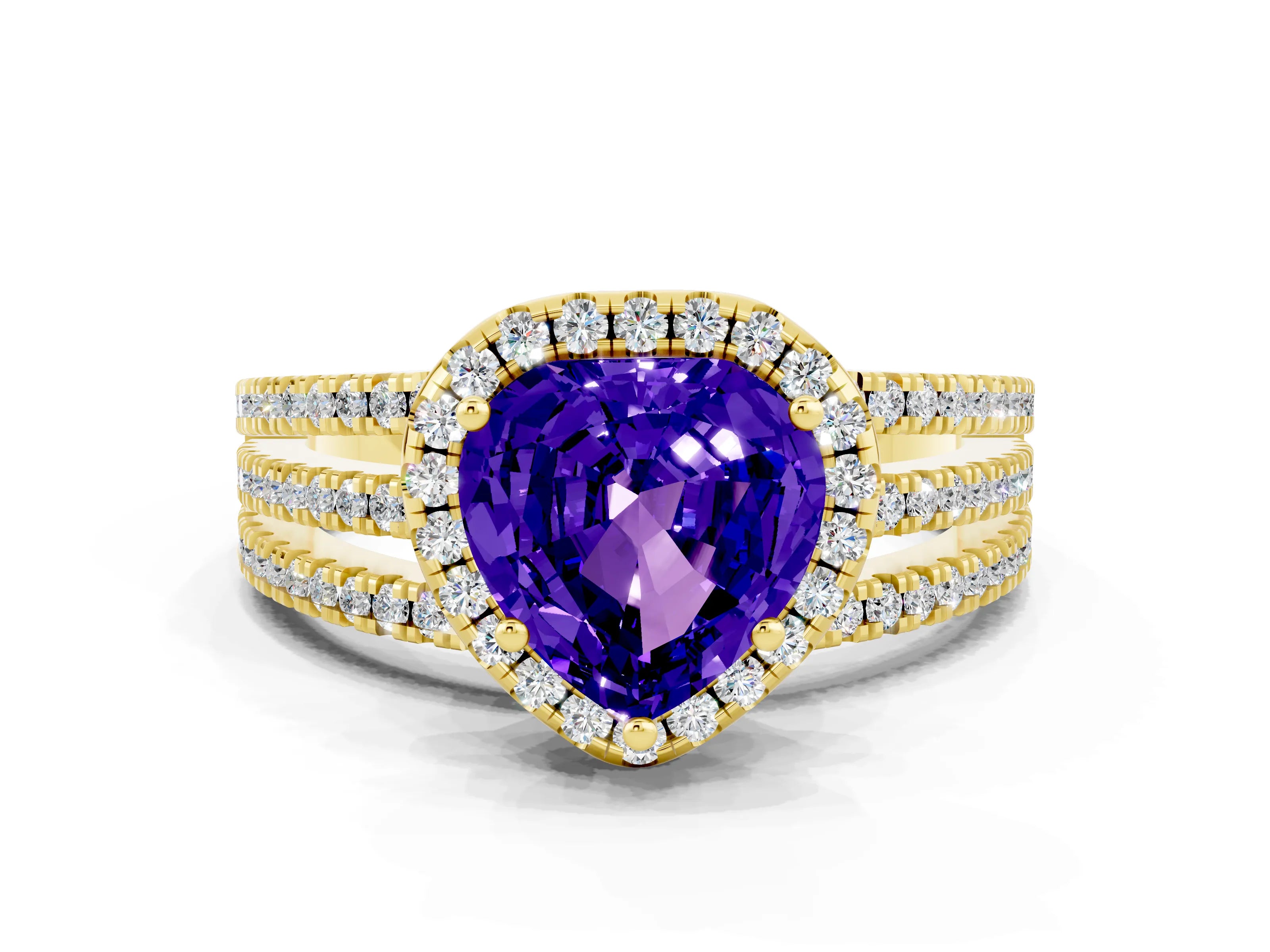 Yellow gold Heart Cut Tanzanite Halo Engagement Ring with Split Shank and Four-Prong Setting