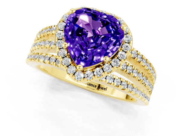 Yellow gold Heart Cut Tanzanite Halo Engagement Ring with Split Shank and Four-Prong Setting