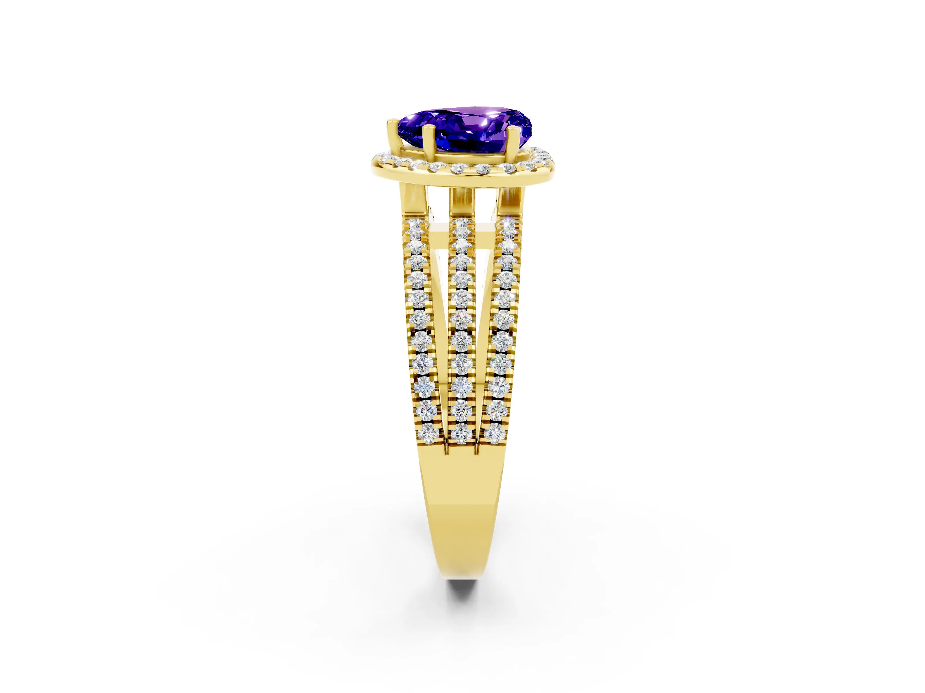 Yellow gold Heart Cut Tanzanite Halo Engagement Ring with Split Shank and Four-Prong Setting_2