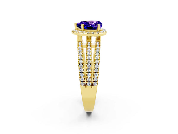 Yellow gold Heart Cut Tanzanite Halo Engagement Ring with Split Shank and Four-Prong Setting