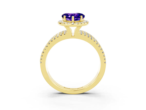 Yellow gold Heart Cut Tanzanite Halo Engagement Ring with Split Shank and Four-Prong Setting