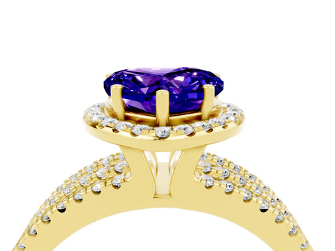 Yellow gold Heart Cut Tanzanite Halo Engagement Ring with Split Shank and Four-Prong Setting_4
