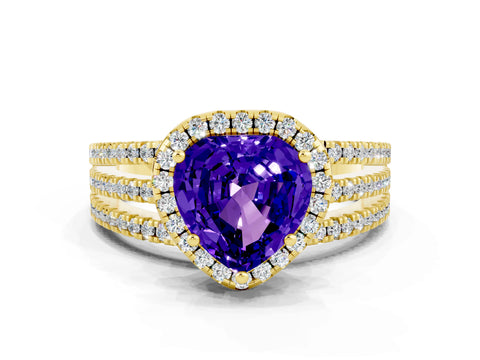 Yellow gold Heart Cut Tanzanite Halo Engagement Ring with Split Shank and Four-Prong Setting