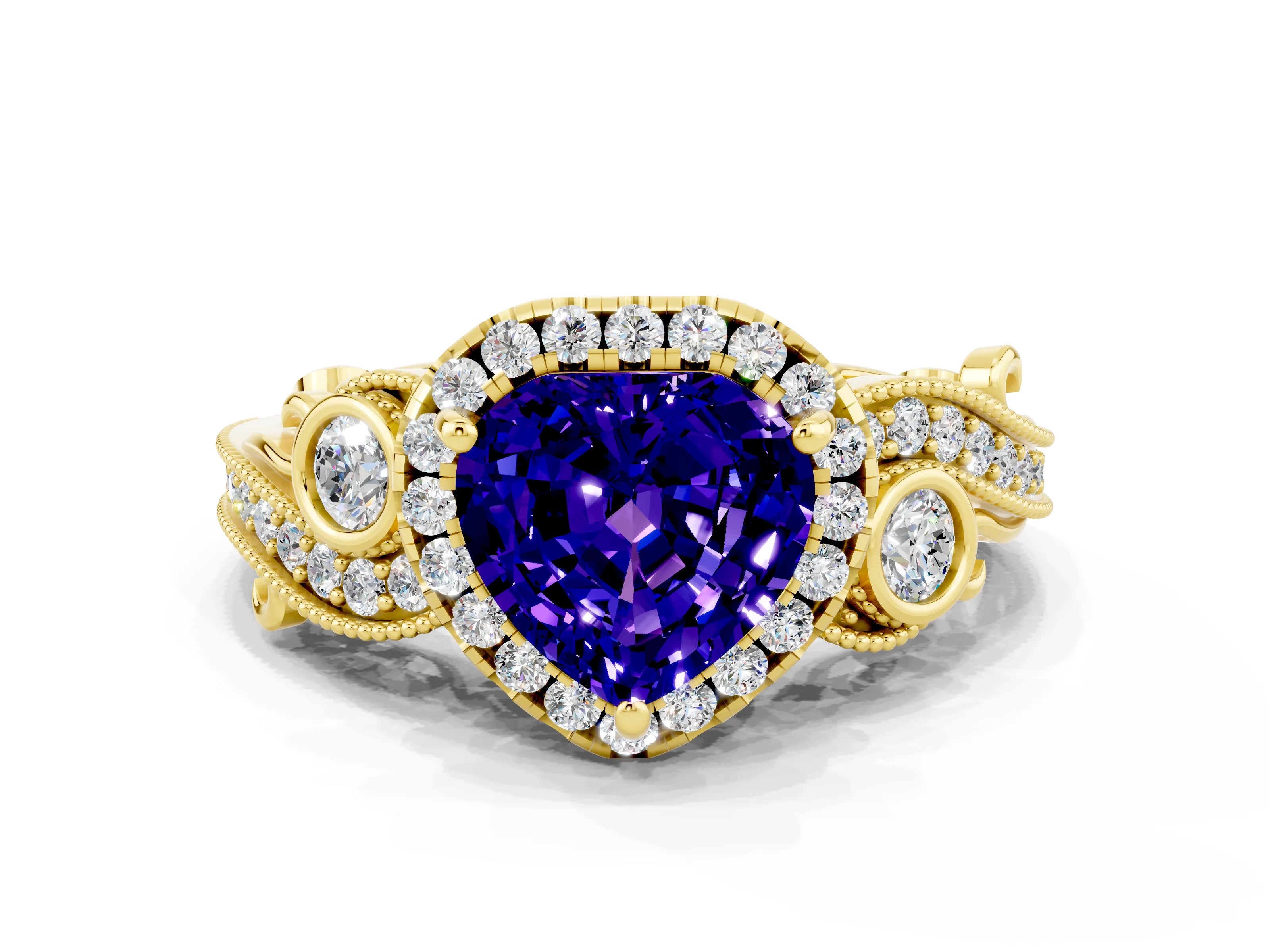 Yellow gold Heart Cut Tanzanite Halo Ring with Milgrain Pavé Band and Four-Prong Setting_12