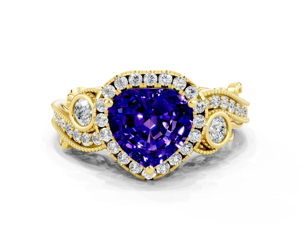 Yellow gold Heart Cut Tanzanite Halo Ring with Milgrain Pavé Band and Four-Prong Setting