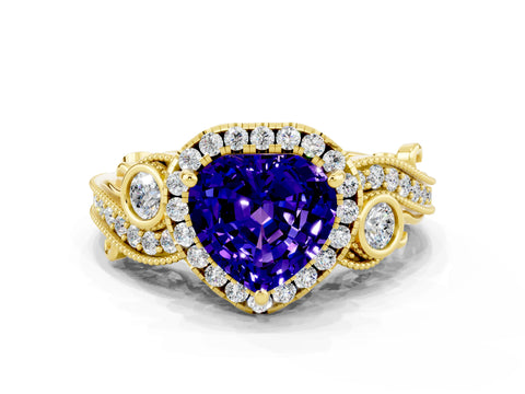 Yellow gold Heart Cut Tanzanite Halo Ring with Milgrain Pavé Band and Four-Prong Setting_12