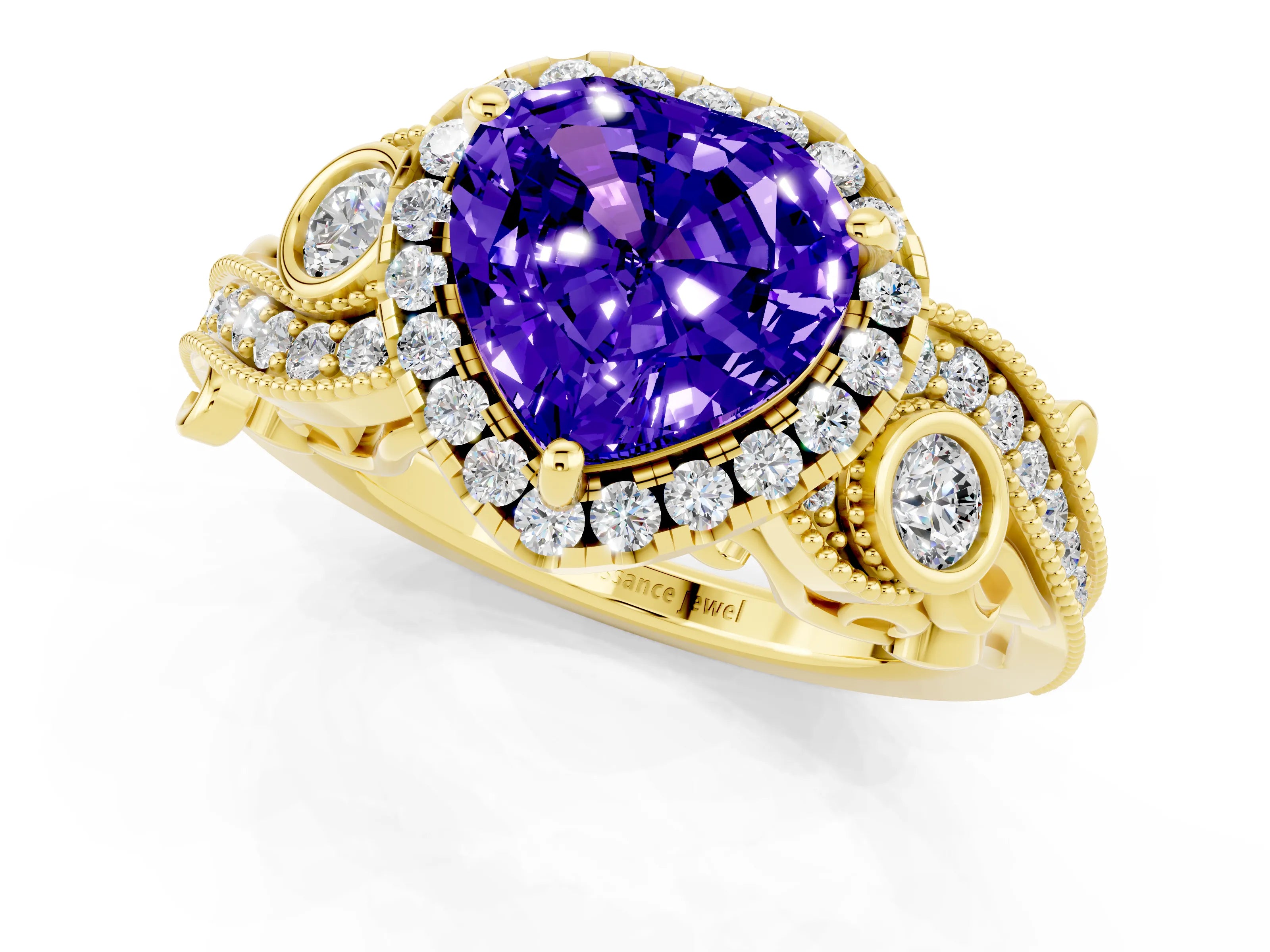 Yellow gold Heart Cut Tanzanite Halo Ring with Milgrain Pavé Band and Four-Prong Setting_13