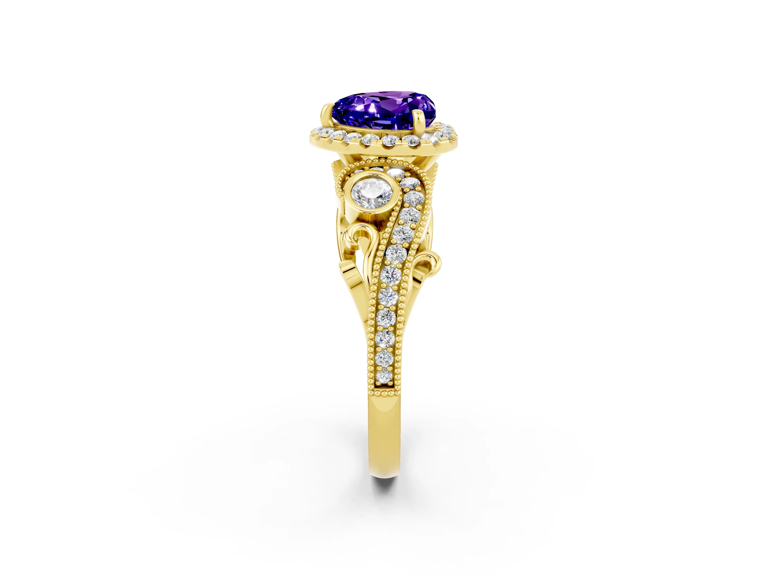 Yellow gold Heart Cut Tanzanite Halo Ring with Milgrain Pavé Band and Four-Prong Setting_14