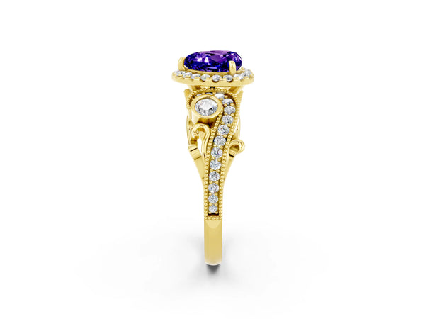 Yellow gold Heart Cut Tanzanite Halo Ring with Milgrain Pavé Band and Four-Prong Setting