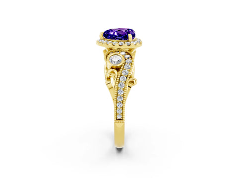 Yellow gold Heart Cut Tanzanite Halo Ring with Milgrain Pavé Band and Four-Prong Setting_14