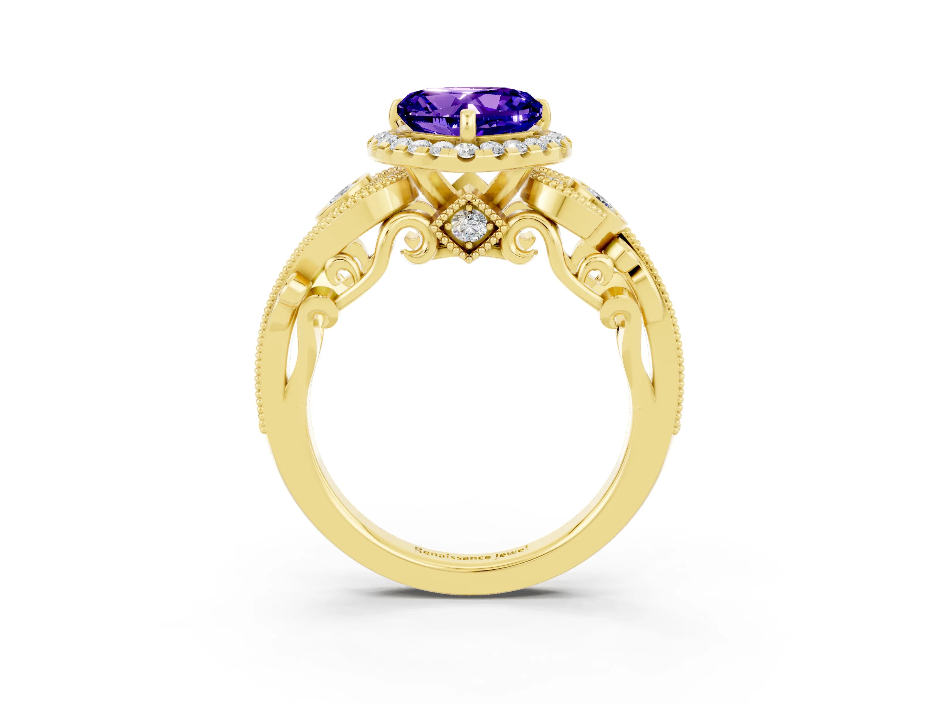 Yellow gold Heart Cut Tanzanite Halo Ring with Milgrain Pavé Band and Four-Prong Setting_15