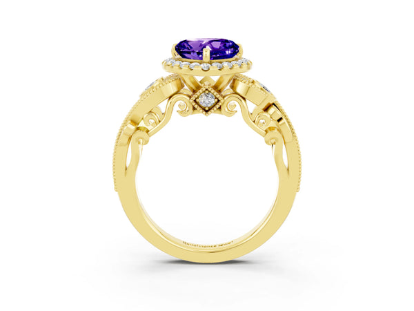 Yellow gold Heart Cut Tanzanite Halo Ring with Milgrain Pavé Band and Four-Prong Setting