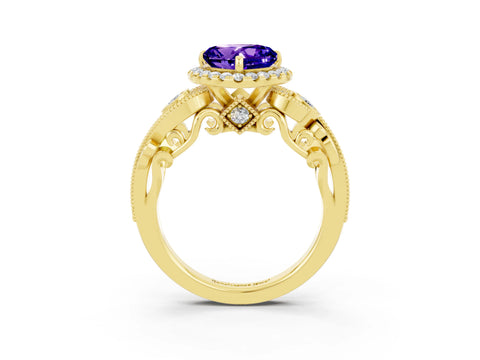 Yellow gold Heart Cut Tanzanite Halo Ring with Milgrain Pavé Band and Four-Prong Setting_15