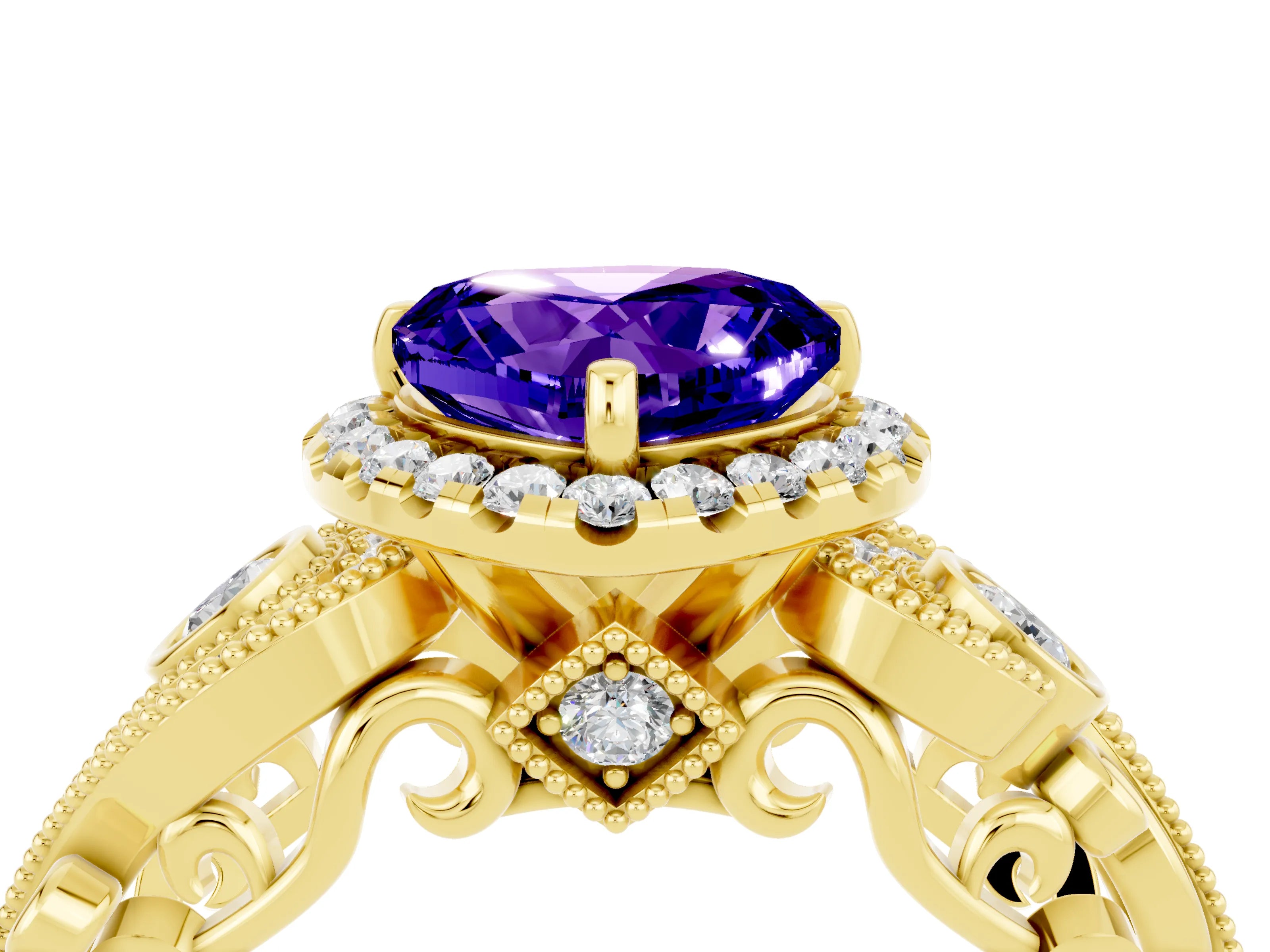 Yellow gold Heart Cut Tanzanite Halo Ring with Milgrain Pavé Band and Four-Prong Setting_16