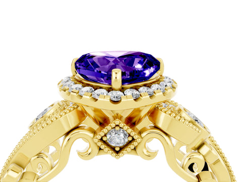 Yellow gold Heart Cut Tanzanite Halo Ring with Milgrain Pavé Band and Four-Prong Setting_16