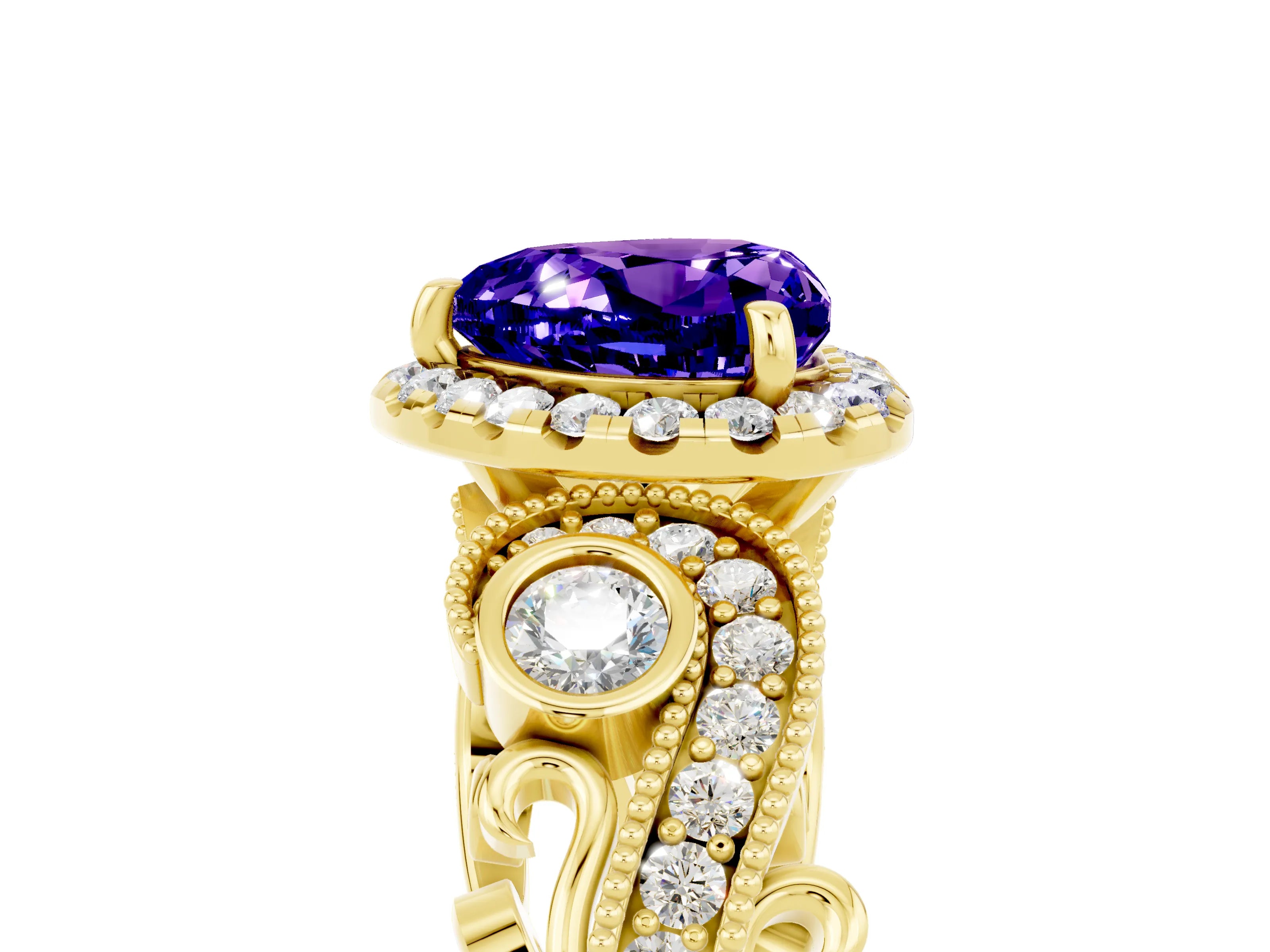 Yellow gold Heart Cut Tanzanite Halo Ring with Milgrain Pavé Band and Four-Prong Setting_17