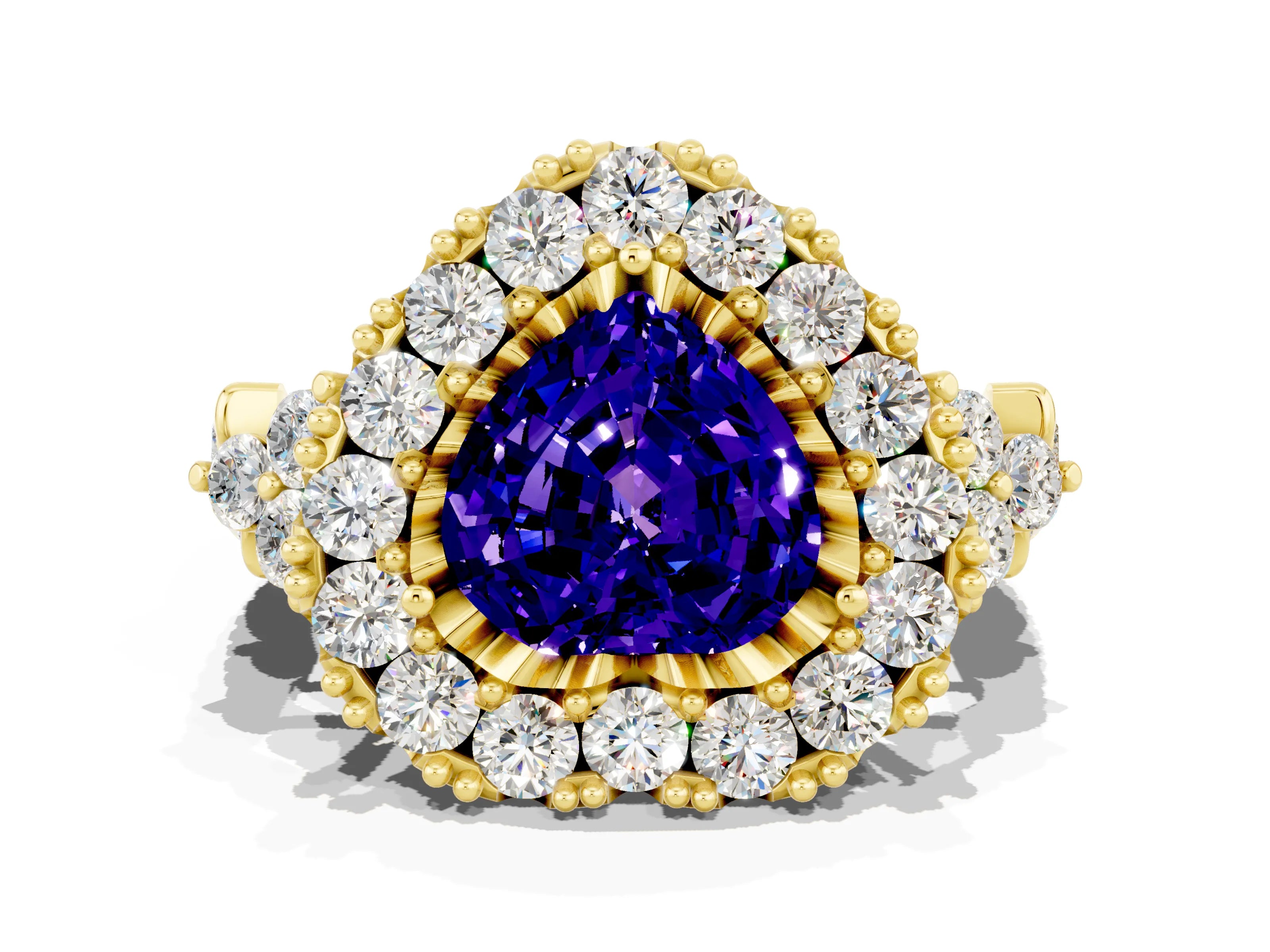 Yellow gold Heart Cut Tanzanite Halo Ring with Pavé Band and Four-Prong Setting_12