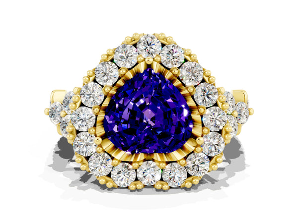 Yellow gold Heart Cut Tanzanite Halo Ring with Pavé Band and Four-Prong Setting