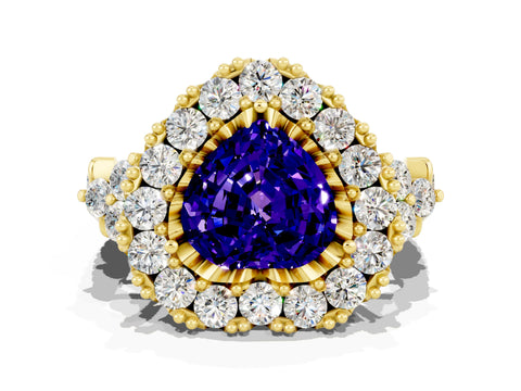 Yellow gold Heart Cut Tanzanite Halo Ring with Pavé Band and Four-Prong Setting_12