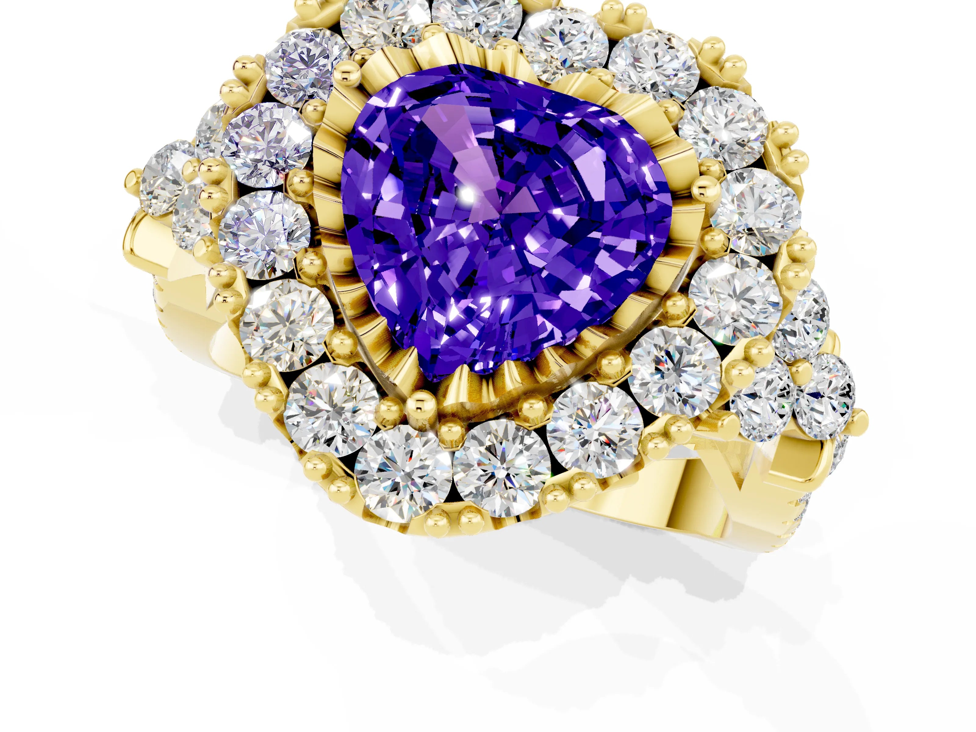 Yellow gold Heart Cut Tanzanite Halo Ring with Pavé Band and Four-Prong Setting_13