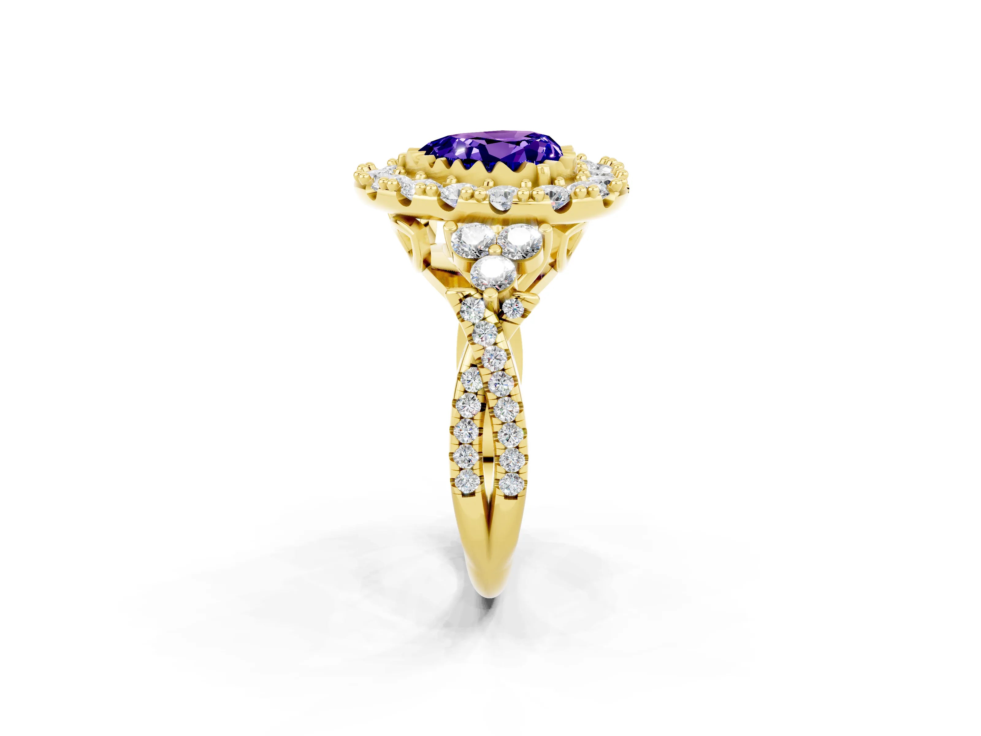 Yellow gold Heart Cut Tanzanite Halo Ring with Pavé Band and Four-Prong Setting_14