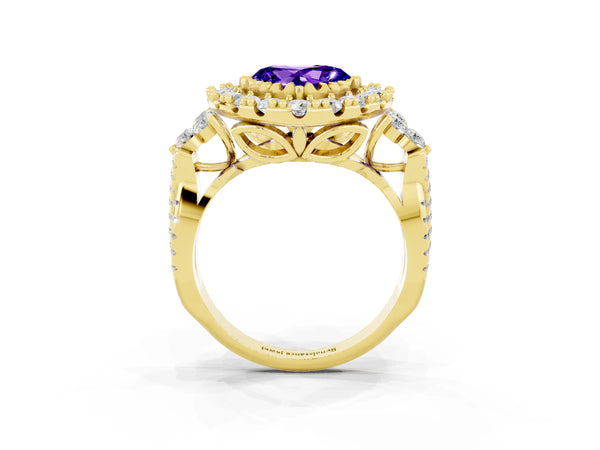 Yellow gold Heart Cut Tanzanite Halo Ring with Pavé Band and Four-Prong Setting
