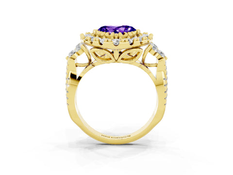 Yellow gold Heart Cut Tanzanite Halo Ring with Pavé Band and Four-Prong Setting_15