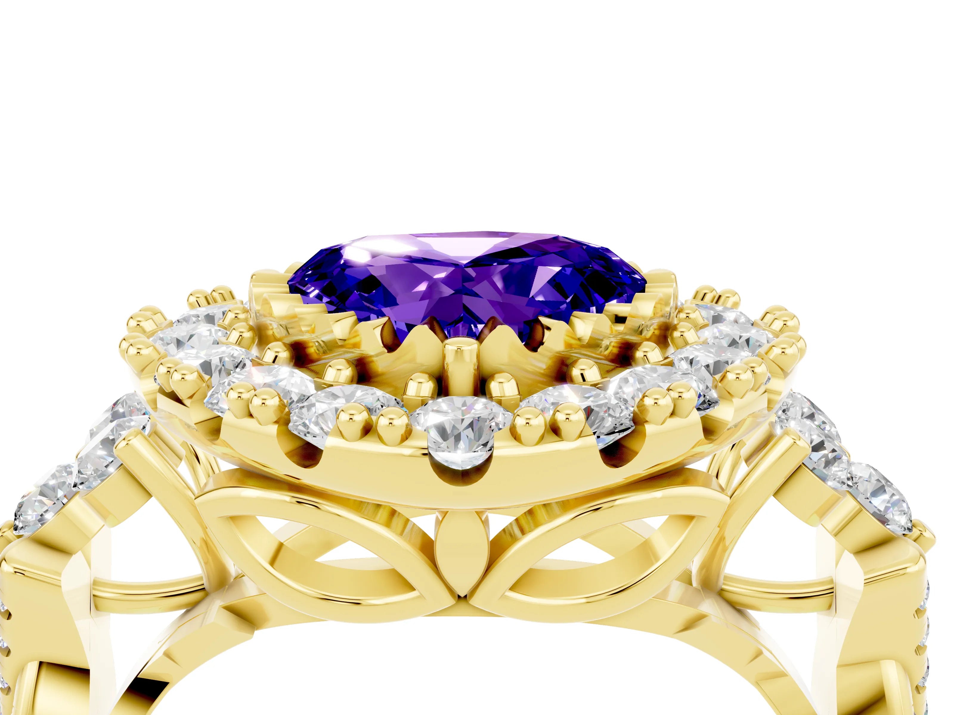 Yellow gold Heart Cut Tanzanite Halo Ring with Pavé Band and Four-Prong Setting_16
