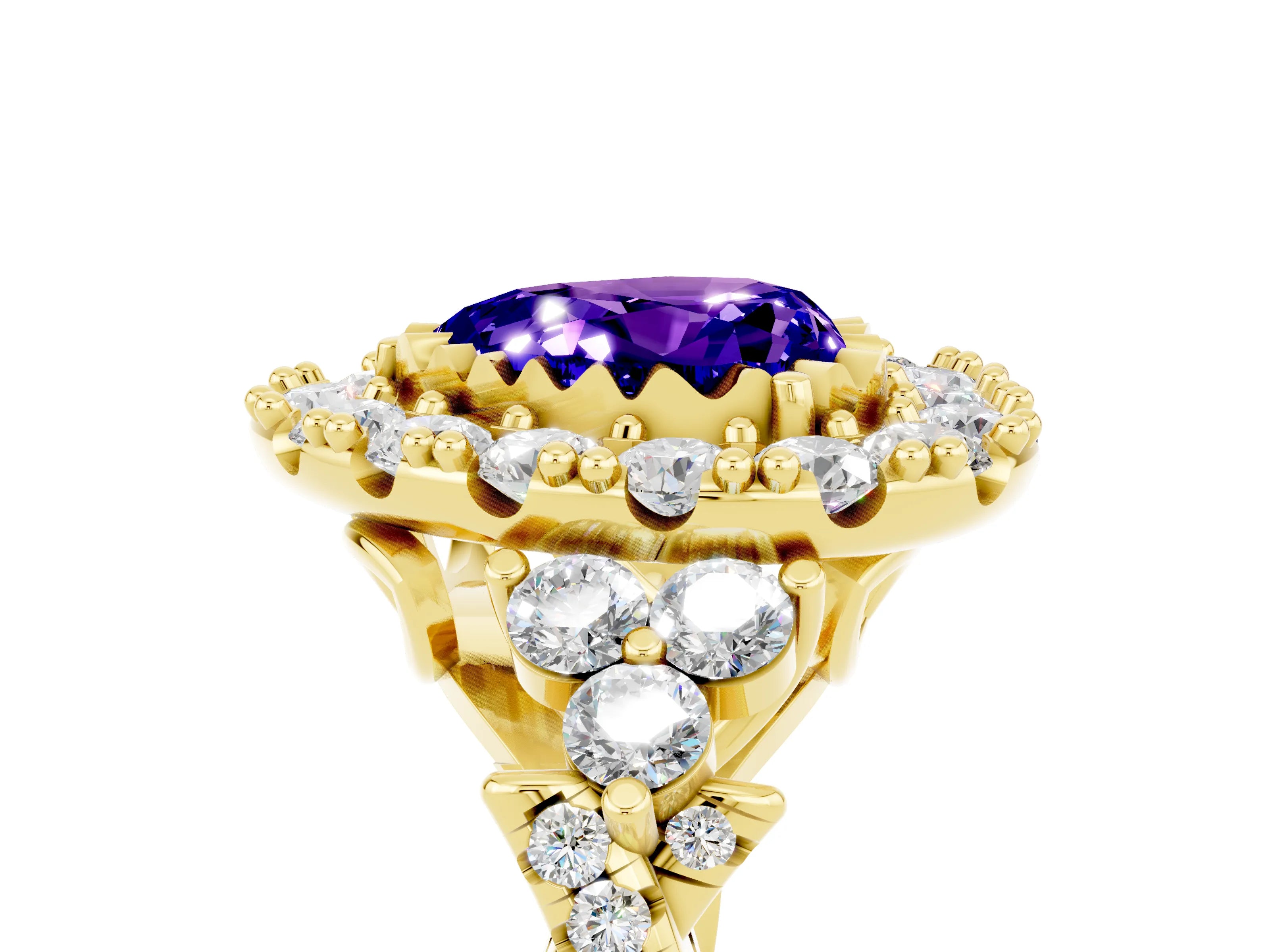 Yellow gold Heart Cut Tanzanite Halo Ring with Pavé Band and Four-Prong Setting_17