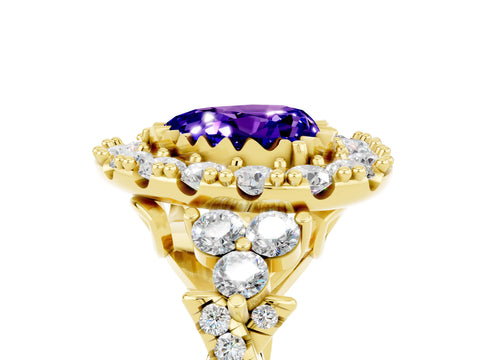 Yellow gold Heart Cut Tanzanite Halo Ring with Pavé Band and Four-Prong Setting_17