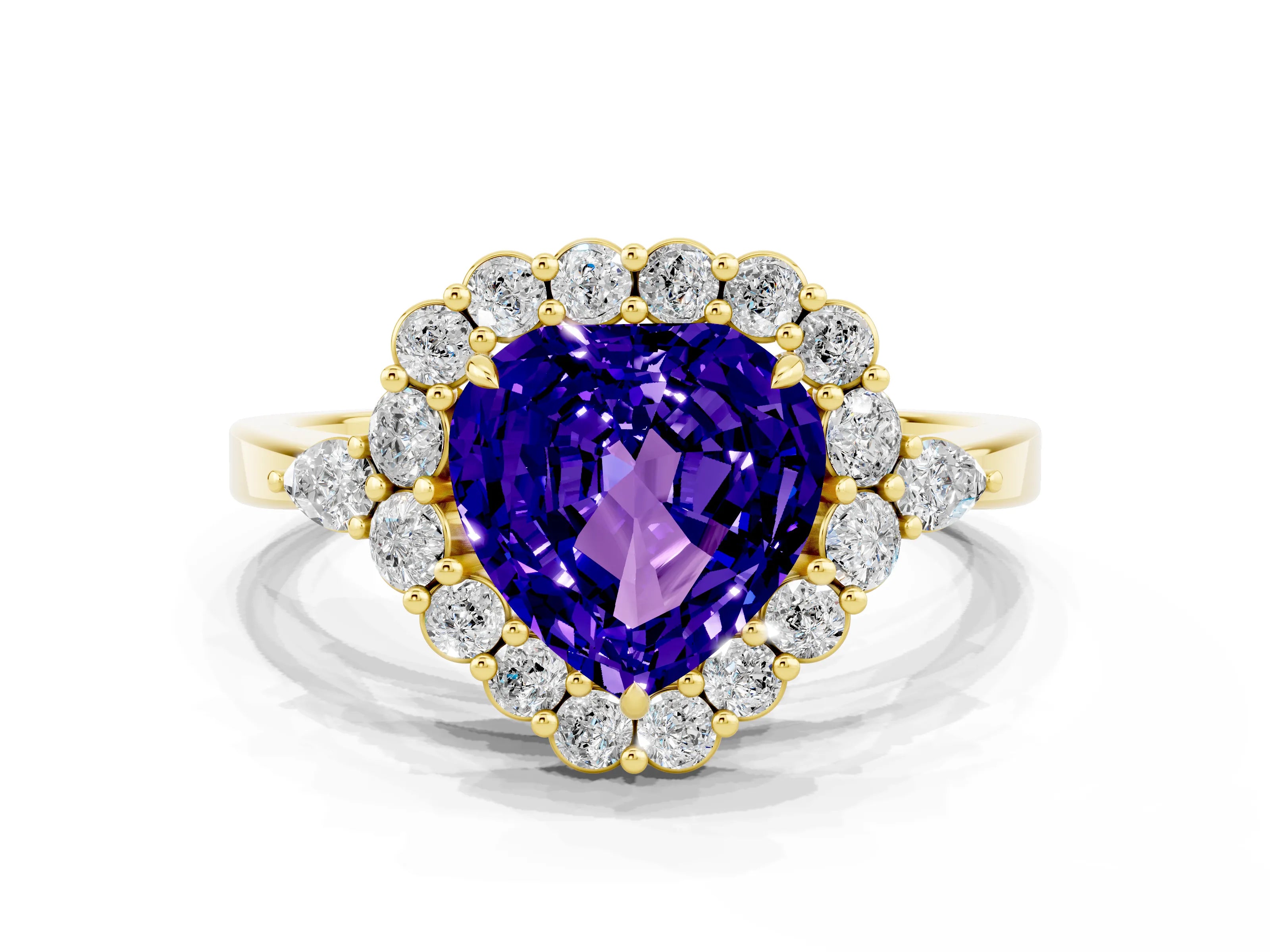 Yellow gold Heart Cut Tanzanite Halo Ring with Pear Side Stones and Prong Setting_12