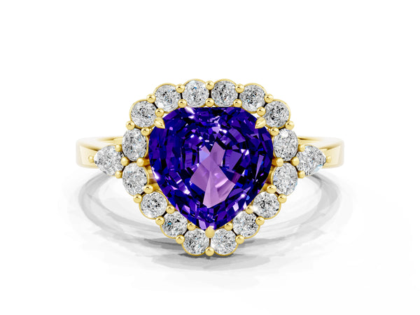 Yellow gold Heart Cut Tanzanite Halo Ring with Pear Side Stones and Prong Setting