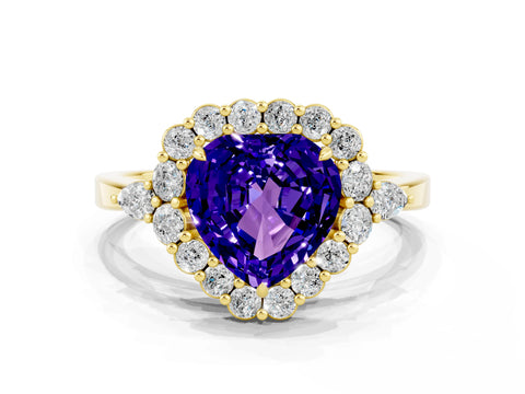 Yellow gold Heart Cut Tanzanite Halo Ring with Pear Side Stones and Prong Setting_12