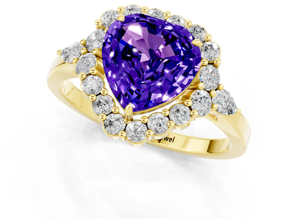 Yellow gold Heart Cut Tanzanite Halo Ring with Pear Side Stones and Prong Setting
