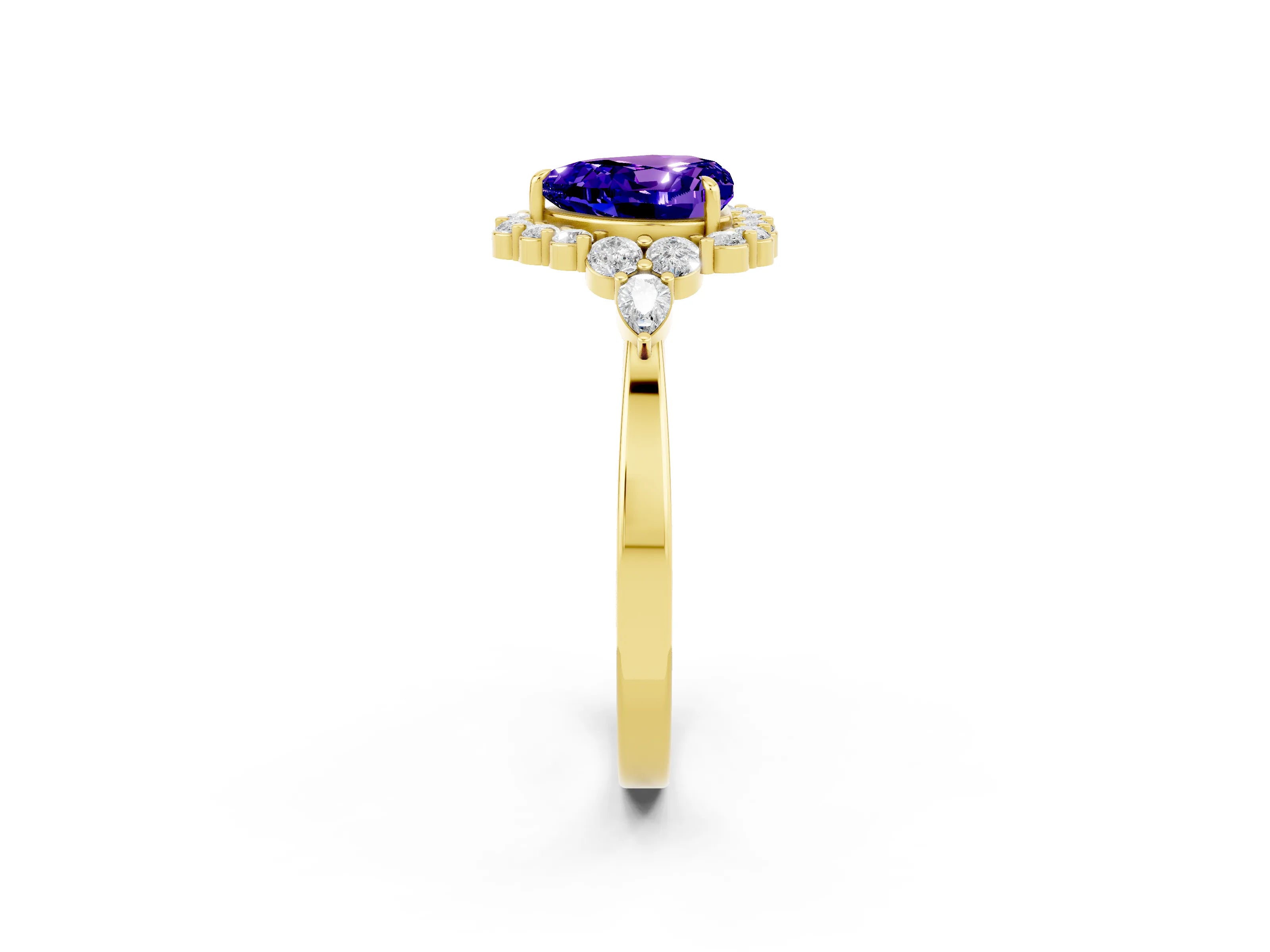 Yellow gold Heart Cut Tanzanite Halo Ring with Pear Side Stones and Prong Setting_14